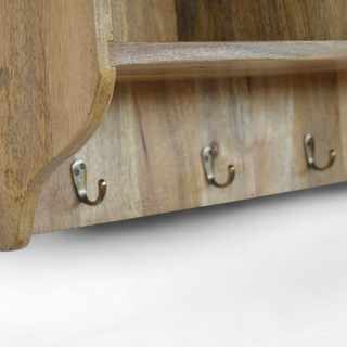 Side view of Mid Century Modern Wall Mounted Coat Rack with Shelves, showing the furniture silhouette and finish
