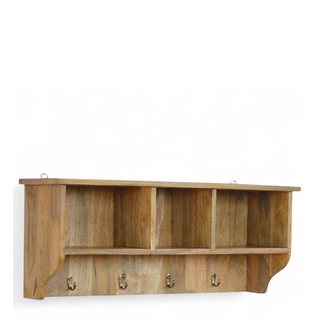 Front view of Mid Century Modern Wall Mounted Coat Rack with Shelves, showing the furniture silhouette and finish