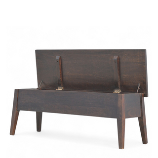 Angled view of Mid-Century Modern Walnut Solid Wood Storage Bench, showing the seat, legs and furniture silhouette