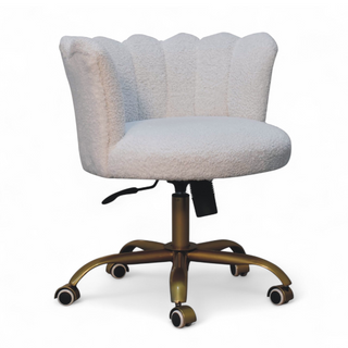Angled view of Mid Century Modern White Bouclé Swivel Chair, showing the upholstered seat, legs and silhouette