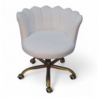 Seat detail view of Mid Century Modern White Bouclé Swivel Chair, showing the upholstered seat, legs and silhouette