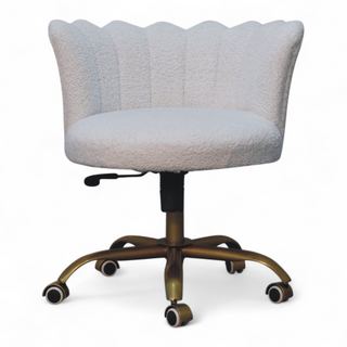 Front view of Mid Century Modern White Bouclé Swivel Chair, showing the upholstered seat, legs and silhouette
