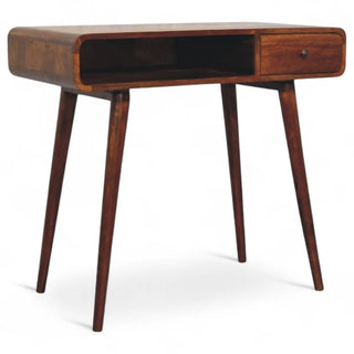 Mid-Century Modern Writing Desk Curved Chestnut Solid Wood - top surface overhead