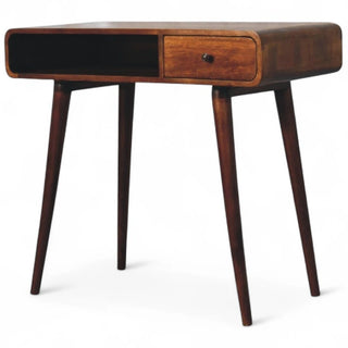 Mid-Century Modern Writing Desk Curved Chestnut Solid Wood - drawer open detail