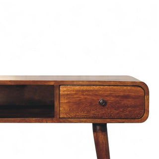 Mid-Century Modern Writing Desk Curved Chestnut Solid Wood - leg detail close up