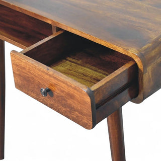 Mid-Century Modern Writing Desk Curved Chestnut Solid Wood - side angle view