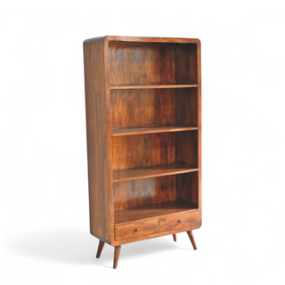Side angle view of Mid Century Solid Wood Curved Chestnut Bookcase with solid wood chestnut curved