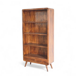 Side view of Mid Century Solid Wood Curved Chestnut Bookcase with solid wood chestnut curved