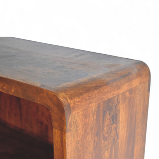 Close-up of finish detail on Mid Century Solid Wood Curved Chestnut Bookcase