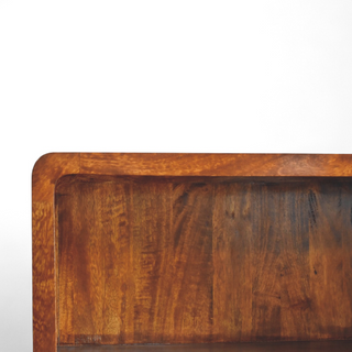 Finish detail view of Mid Century Solid Wood Curved Chestnut Bookcase with solid wood chestnut curved