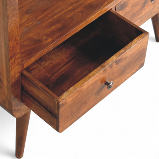 Storage view of Mid Century Solid Wood Curved Chestnut Bookcase with solid wood chestnut curved
