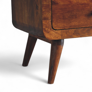 Top view of Mid Century Solid Wood Curved Chestnut Bookcase with solid wood chestnut curved