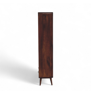 Back view of Mid Century Solid Wood Curved Chestnut Bookcase with solid wood chestnut curved