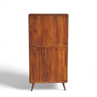 Rear angle view of Mid Century Solid Wood Curved Chestnut Bookcase with solid wood chestnut curved