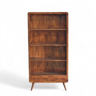 Front view of Mid Century Solid Wood Curved Chestnut Bookcase with solid wood chestnut curved