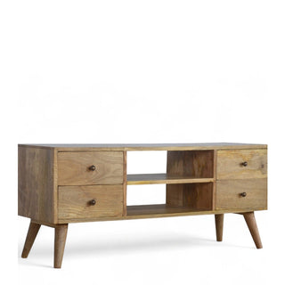 Mid-Century Solid Wood Media Stand with 4 Drawers - doors open interior