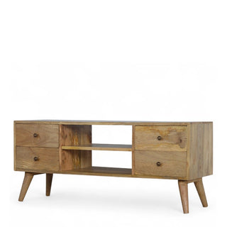Mid-Century Solid Wood Media Stand with 4 Drawers - drawer open detail