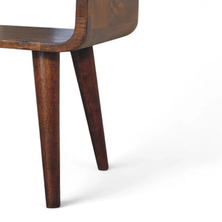 Mid-Century Solid Wood Nightstand Curved Chestnut Open Shelf - wood grain close up
