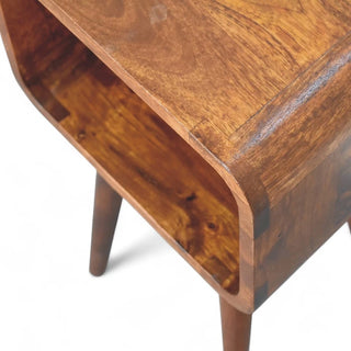 Mid-Century Solid Wood Nightstand Curved Chestnut Open Shelf - drawer open detail