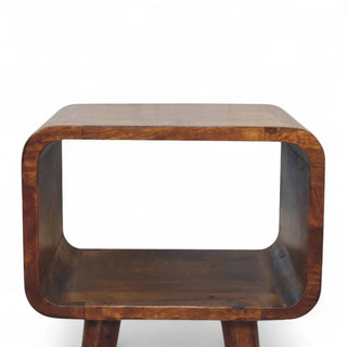 Mid-Century Solid Wood Nightstand Curved Chestnut Open Shelf - rear profile view