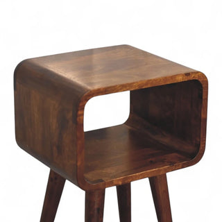 Mid-Century Solid Wood Nightstand Curved Chestnut Open Shelf - side angle view