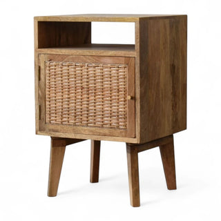 Mid-Century Solid Wood Nightstand Knit Door Design - drawer open detail