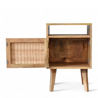 Mid-Century Solid Wood Nightstand Knit Door Design - side angle view