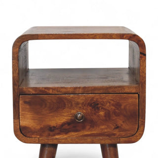 Mid-Century Solid Wood Nightstand Mini Curved Chestnut - drawer open detail