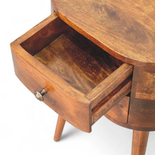 Mid-Century Solid Wood Nightstand Mini Rounded Chestnut - side angle view