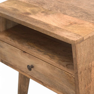 Mid-Century Solid Wood Nightstand with Open Shelf - drawer open detail