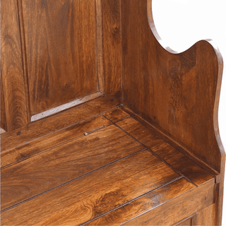 Mid-Century Bench with Storage - Lid-Up Solid Wood, angled corner view