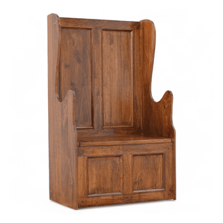 A medium brown wooden bench with a tall wingback backrest, paneled front, and built-in storage compartment, shown on a plain white background.