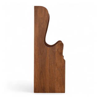 A modern wooden wall hook with a curved, sculptural design, crafted from medium brown wood with visible grain patterns, shown on a plain white background.