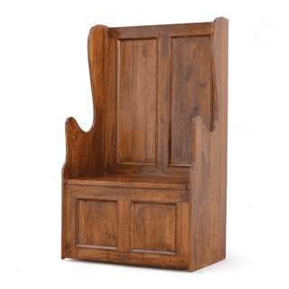 A rustic wooden bench with a high backrest, featuring carved panel details and a warm medium-brown finish, shown on a plain white background.