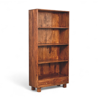 Side angle view of Mid Century Solid Wood Tula Bookcase, showing the open shelving and furniture finish