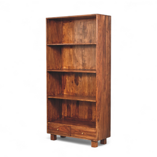 Side view of Mid Century Solid Wood Tula Bookcase, showing the open shelving and furniture finish