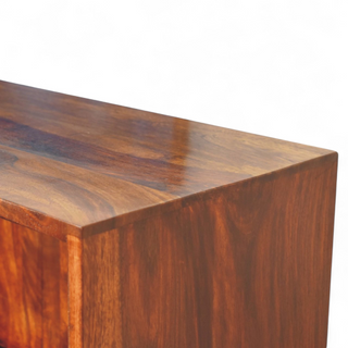 Close-up of finish detail on Mid Century Solid Wood Tula Bookcase, showing the open shelving and furniture finish