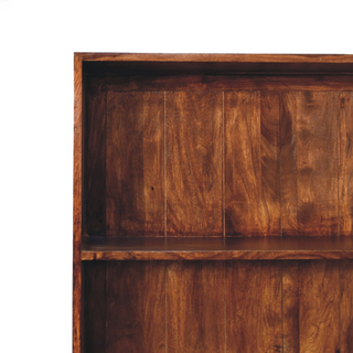 Finish detail view of Mid Century Solid Wood Tula Bookcase, showing the open shelving and furniture finish