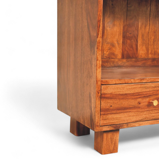 Angled detail view of Mid Century Solid Wood Tula Bookcase, showing the open shelving and furniture finish