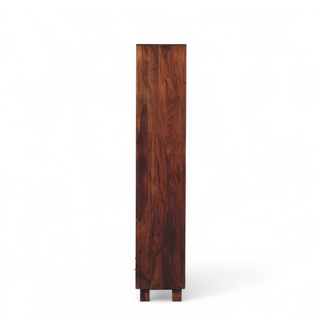 Back view of Mid Century Solid Wood Tula Bookcase, showing the open shelving and furniture finish