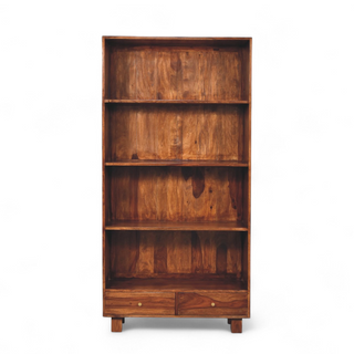 Front view of Mid Century Solid Wood Tula Bookcase, showing the open shelving and furniture finish