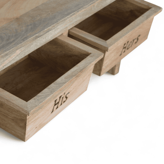 Mango wood bench with both "His" and "Hers" drawers pulled open to reveal interior storage space