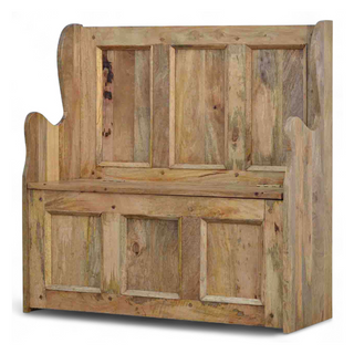 Side view of Mid-Century Storage Bench | Large Solid Wood Monks Bench, showing the seat, legs and furniture silhouette