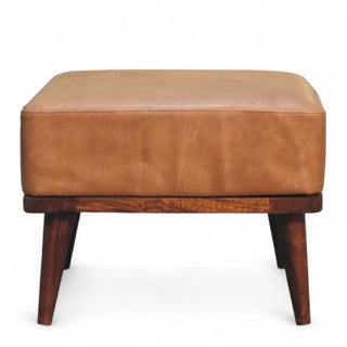 Mid-Century Tan Buffalo Leather Footstool - front view