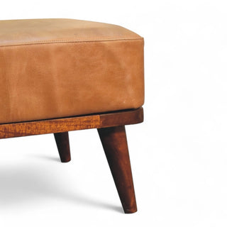 Mid-Century Tan Buffalo Leather Footstool - seat fabric close up