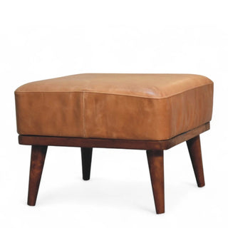 Mid-Century Tan Buffalo Leather Footstool - side angle view