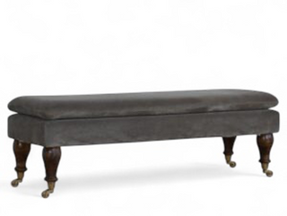 Angled view of Mid-Century Upholstered Bench | Grey Velvet with Castor Feet