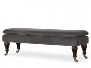 Side view of Mid-Century Upholstered Bench | Grey Velvet with Castor Feet