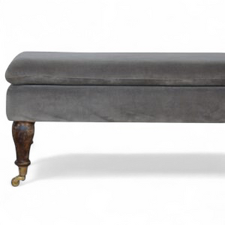 Back view of Mid-Century Upholstered Bench | Grey Velvet with Castor Feet