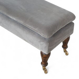 Leg detail view of Mid-Century Upholstered Bench | Grey Velvet with Castor Feet
